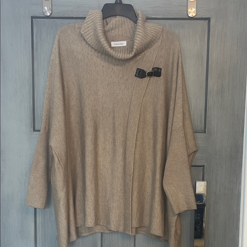 Calvin Klein Sz L/XL Taupe Cowl Neck Poncho Sweater W/ Buckle #luxe #flowy #chic